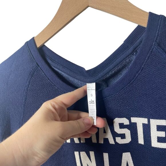 ALO Yoga Namaste In LA Spell Out Crop Top Raglan Sleeve Crew Neck Blue Small - Picture 4 of 7